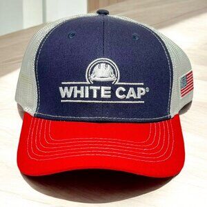 White Cap - Mens Trucker Hat Red Brim White Mesh USA Flag on side - Company logo